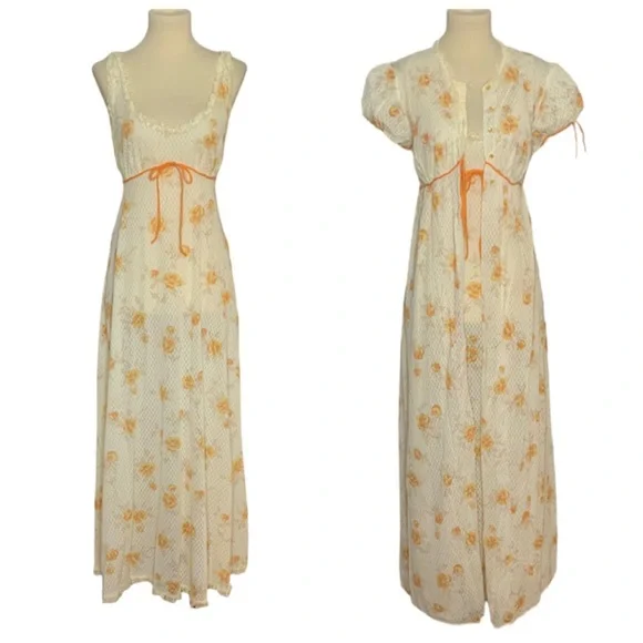 Vintage floral peignoir nightgown/robe 2 piece set, S - Picture 5 of 14